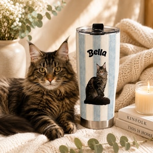 Custom Uploaded Pet Photo Tumbler Personalized Dog Cat Portrait with Name Striped Travel Cup