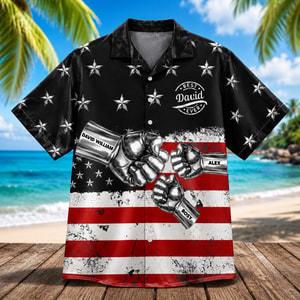 Patriotic Family Shirt, Bold Chrome Fist Artwork - Custom Name And Kids Hawaiian Shirt, Perfect for Summer or Father’s Day