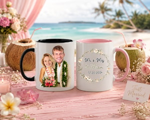 Personalized Mr & Mrs Hawaii Wedding Mug Set, Custom Face Tropical Beach Bride & Groom Coffee Cups 11oz 15oz