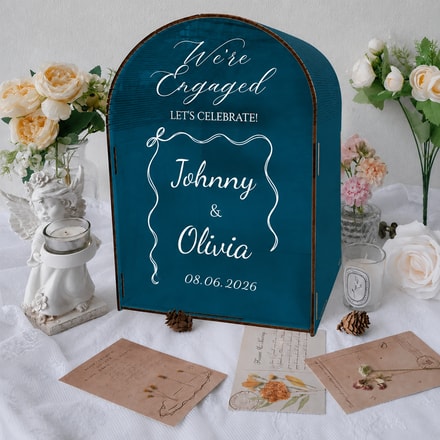 Personalized Engagement Celebration Box – Custom “We’Re Engaged” Design With Couple Names, Date And Wavy Frame Accent
