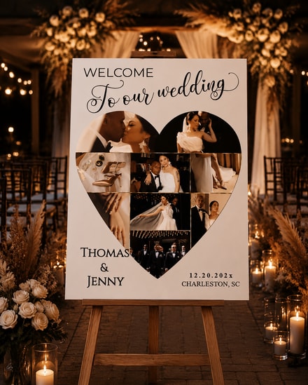 Personalized Wedding Welcome Sign With Heart Photo Collage, Custom 9 Picture Grid Welcome To Our Wedding Foam Board, Reception Entrance Sign