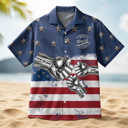 Patriotic Family Shirt, Bold Chrome Fist Artwork - Custom Name And Kids Hawaiian Shirt, Perfect For Summer Or Father’S Day