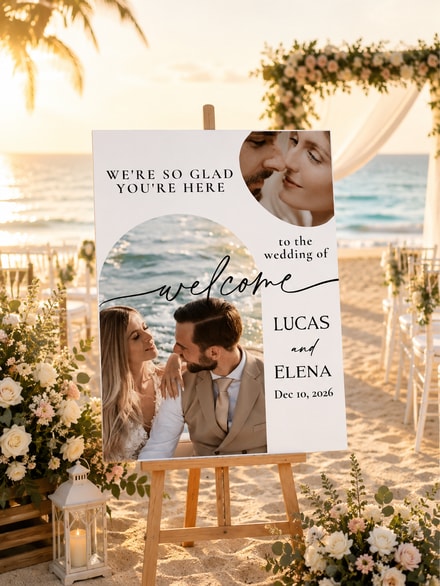 Custom Wedding Couple Photo Rectangle Welcome Sign, Printed Picture Board For Engagement Party, Bohemian Wedding Love Marriage Reception Decor