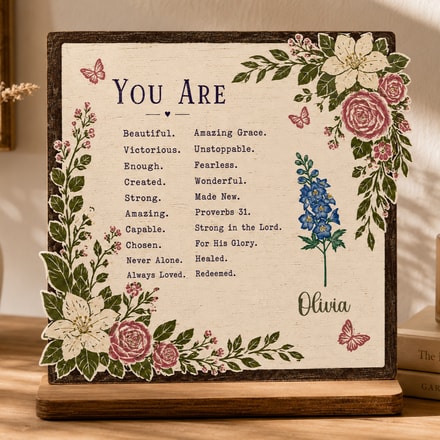 2-Layer Wooden Plaque Personalized With Encouraging Bible Verses And Purple Florals, Heartfelt Gift For Daughter Or Friend