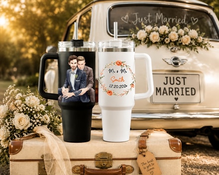 Personalized Mr & Mr Tumbler Set Of 2, Custom Wedding Day 40oz Tumblers For Gay Couple, Two Grooms Travel Tumblers