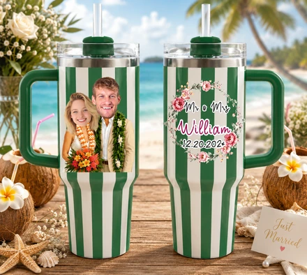 Personalized Mr & Mrs Hawaii Wedding Stripe 40oz Tumbler Set, Custom Face Tropical Beach Couple Travel Tumblers With Handle & Straw, Just Married Gift