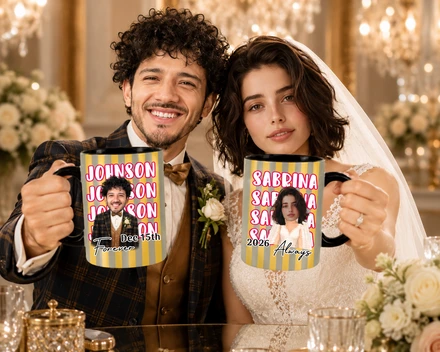 Personalized Wedding Anniversary Stripe Mug Set, Custom Face Couple Coffee Cup, Name Repeating Gift Set Of 2, Travel Mug 11oz 15oz