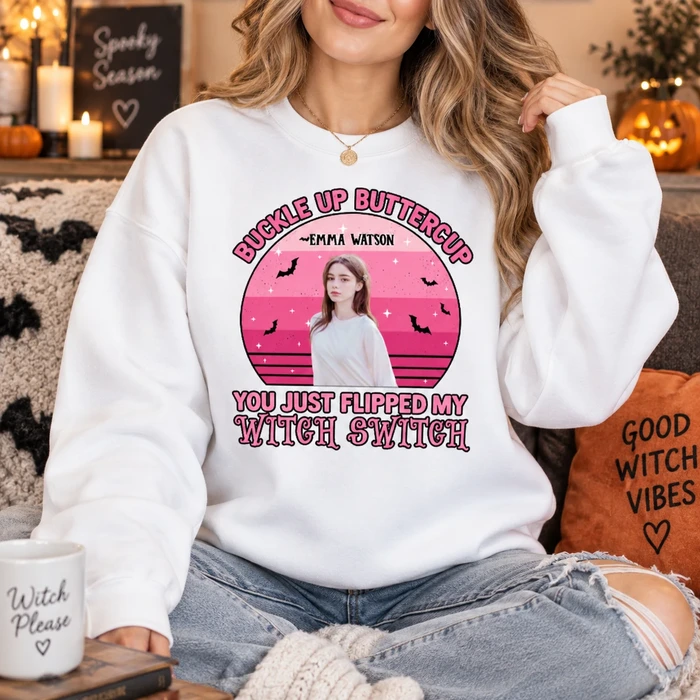 Personalized Witch Halloween Sweatshirt Custom Portrait With Name, Buckle Up Buttercup Shirt, Retro Witchy Crewneck