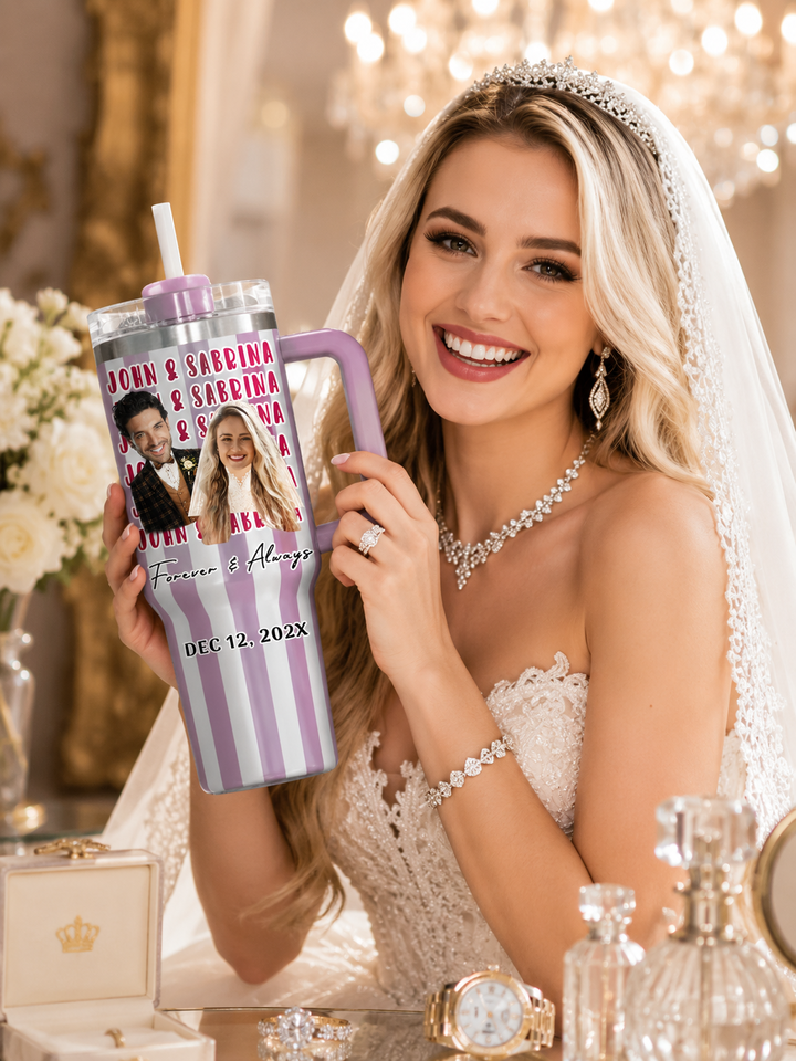 Name Repeating Mug Personalized Wedding Anniversary Stripe 40oz Tumbler, Custom Face Couple Travel Tumbler with Handle & Straw
