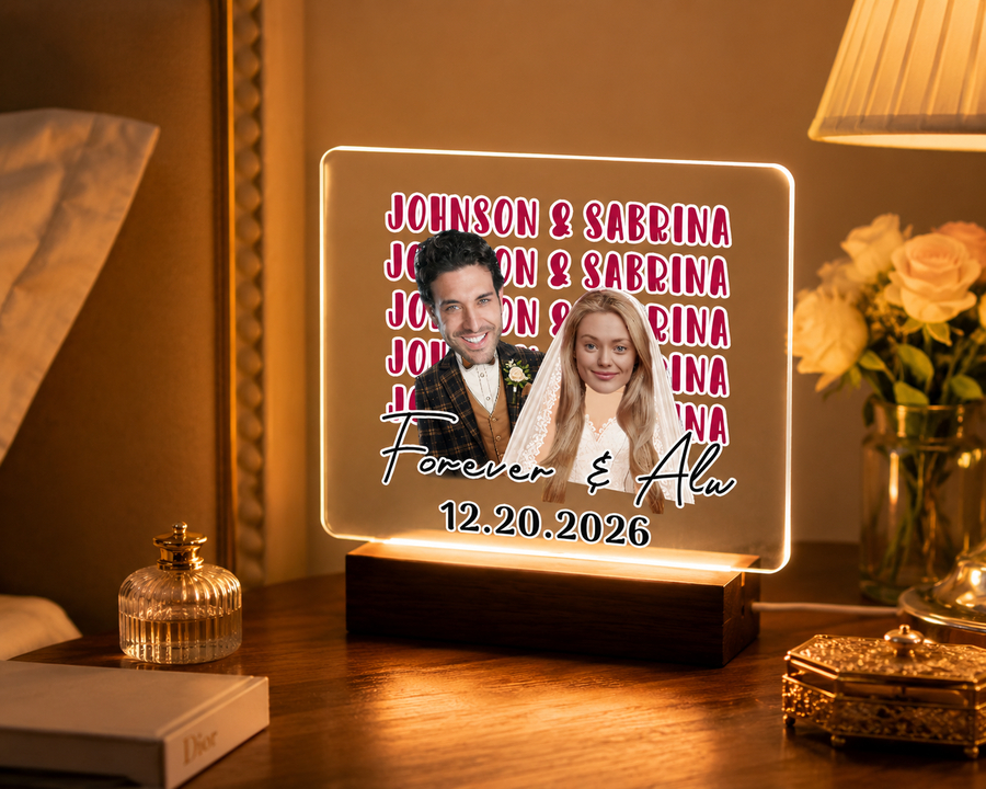 Personalized Wedding Anniversary Acrylic Night Light, Custom Face Couple LED Lamp, Name Repeating Acrylic Night Light<