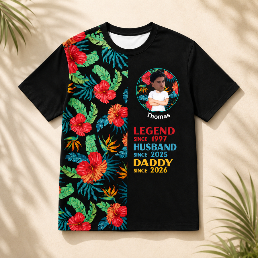 Legend Husband Daddy Tee - Personalized Dad T-Shirt with Face Photo, Custom Name & Milestone Years